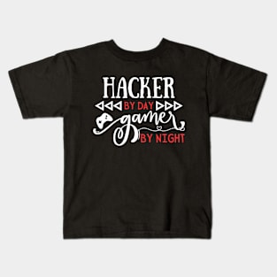 Funny Hacker Quote  Hacker By Day Gamer By Night Kids T-Shirt